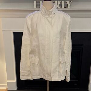 Talbots White Linen Utility Jacket | Stand Collar Zip Front